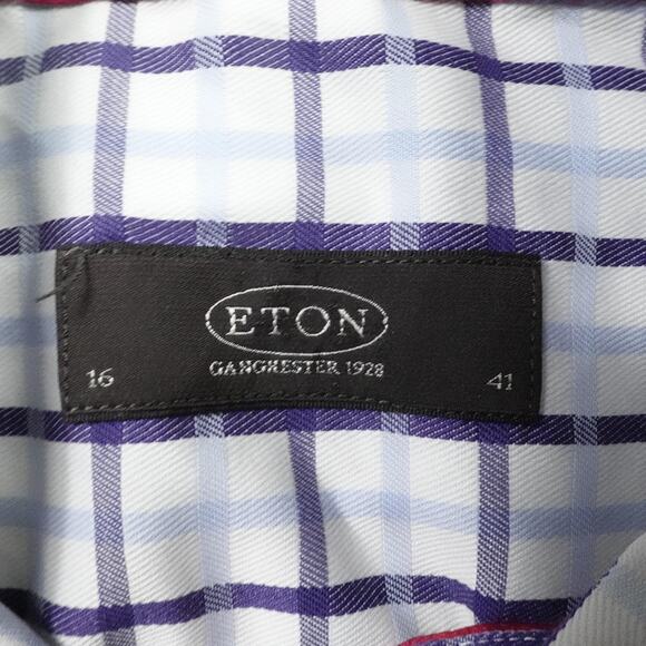 Eton Shirt Mens Large 16 41 White Blue Plaid Button Down Dress Office Business - Picture 3 of 15